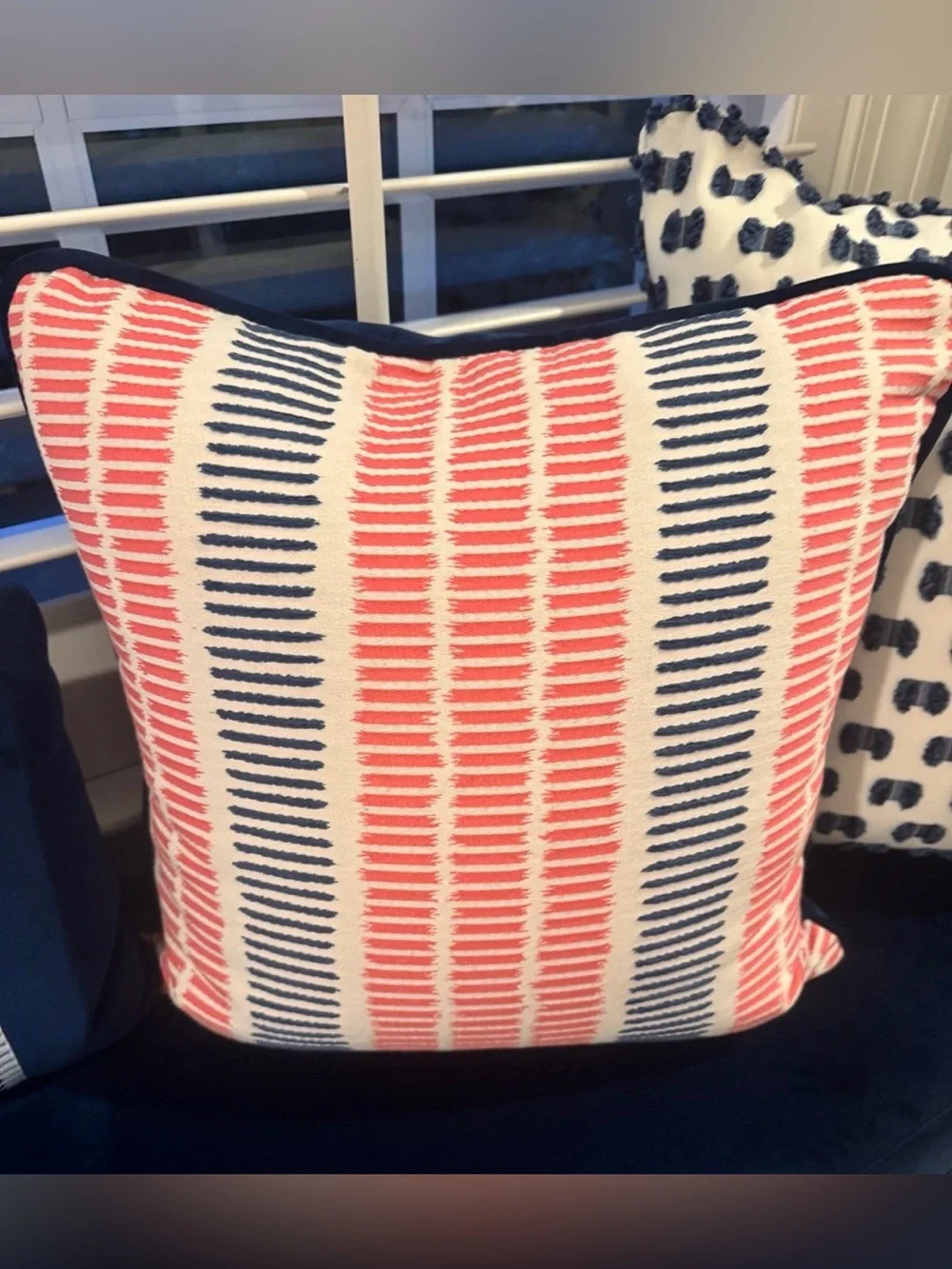 Set of 3 Thibaut Striped Throw Pillows & Navy Velvet Pillow with Trim
